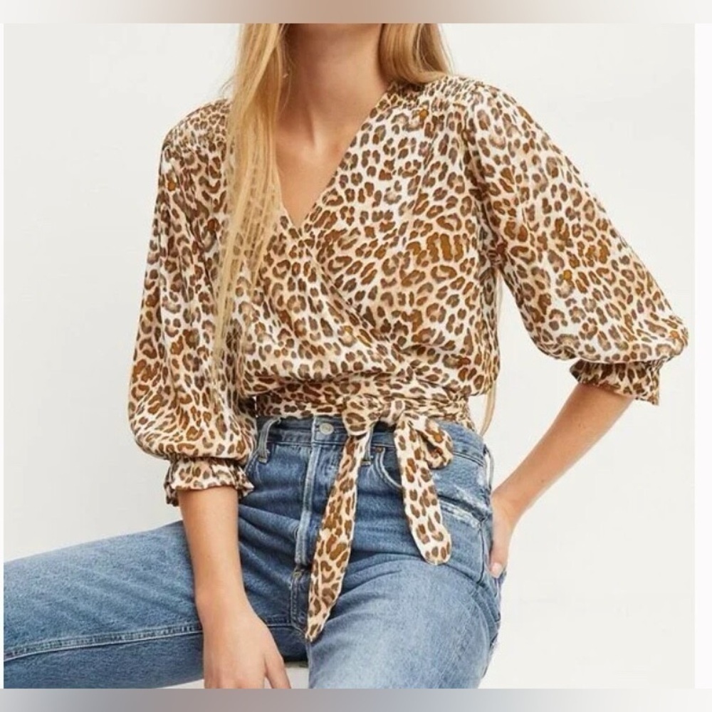 FAITHFULL THE BRAND Sorentto Top Giorgio Animal Print Leopard Wrap Top Small NWT